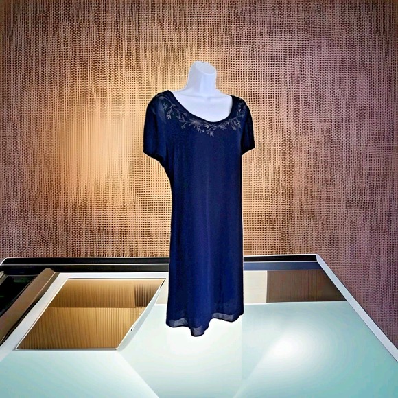 Liz Claiborne Dresses & Skirts - Liz Claiborne Dress Women's 14 Navy Blue Sheer Overlay Embroidered Neckline Zip